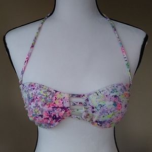 Victoria's Secret Ruched Bandeau Cut Out Padded Bikini Top M Pink Yellow